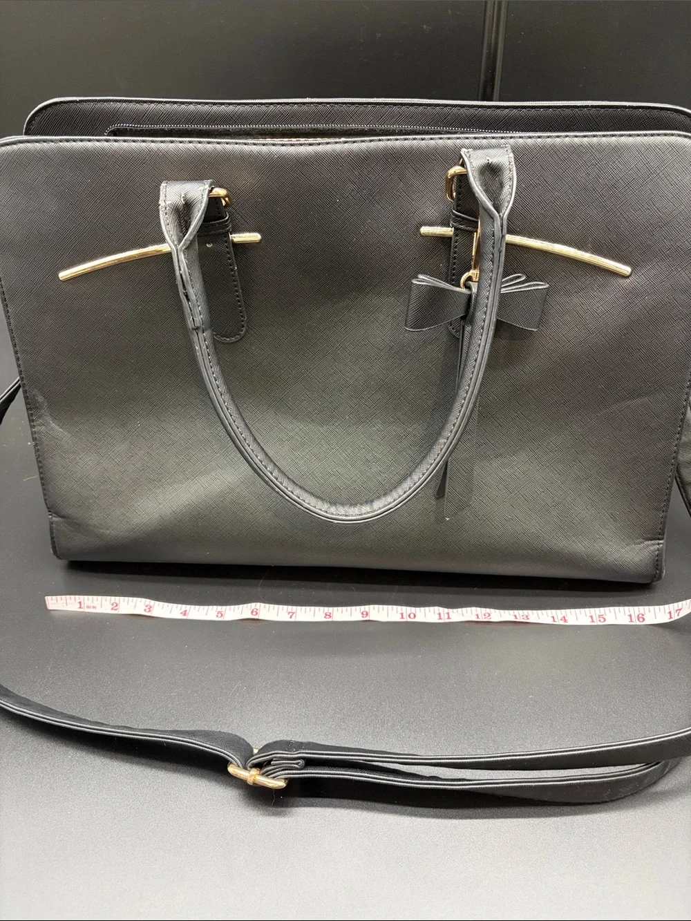 Black Laptop Tote with Bow and Gold Accents